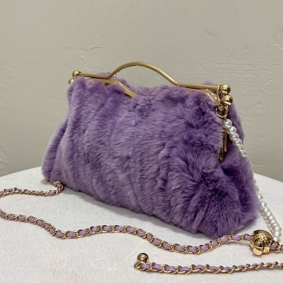 Lilac Handmade Real Rex Rabbit Fur Double Kisslock & Top Handle Purse/Crossbody - Picture 1 of 16
